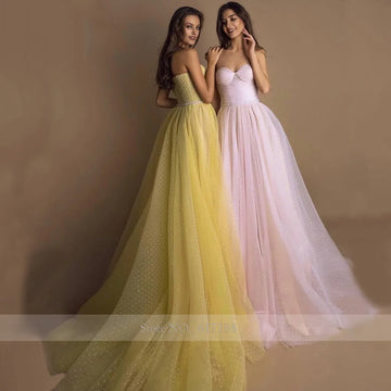 Runhufu Arrival Sweetheart Detachable Short Sleeve Beads Belt Pink Tulle A-Line Evening Dresses Yellow Prom Gowns Robe De Soiree